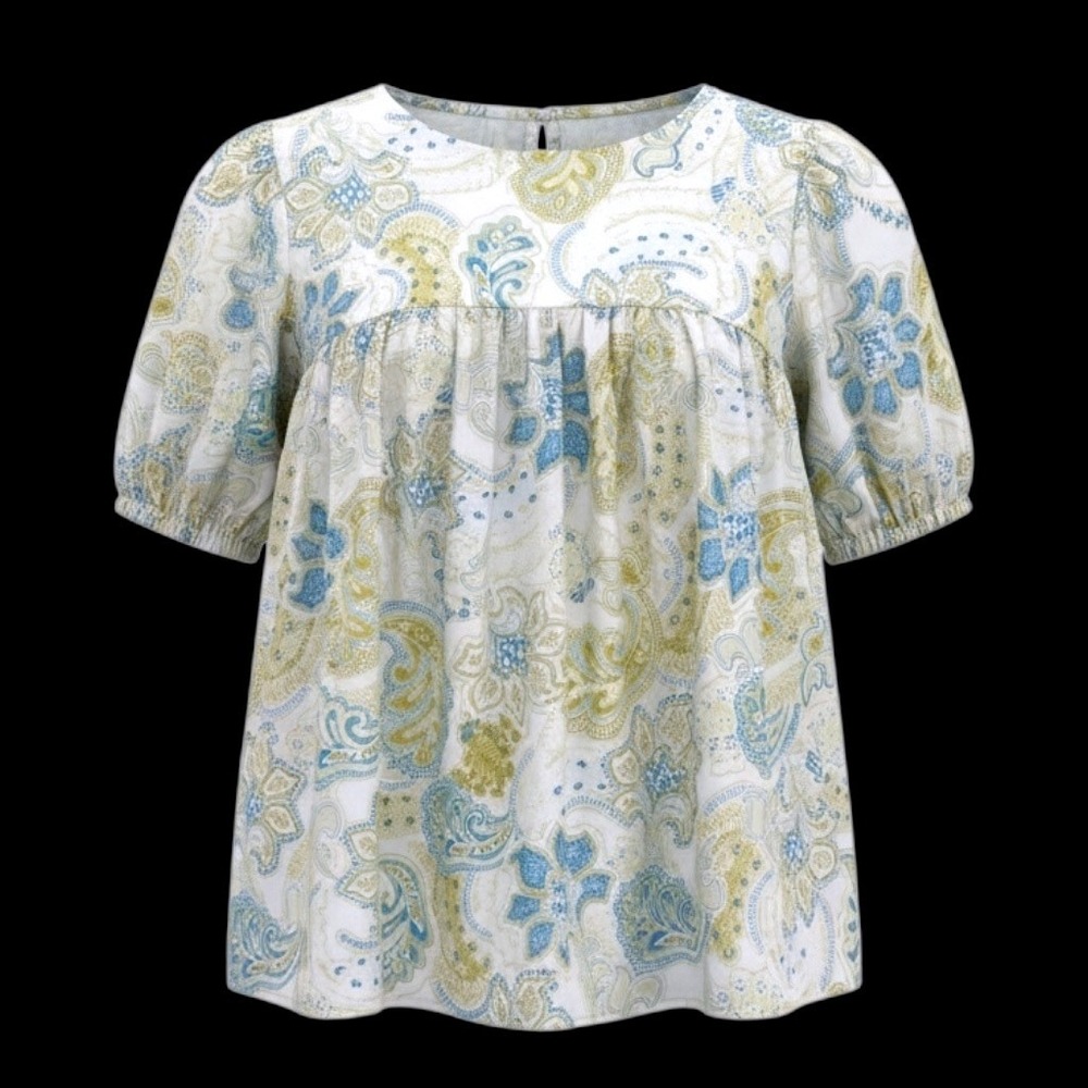 Paisley Babydoll Top Blue Lime Green Flutter Sleeve Blouse Size M